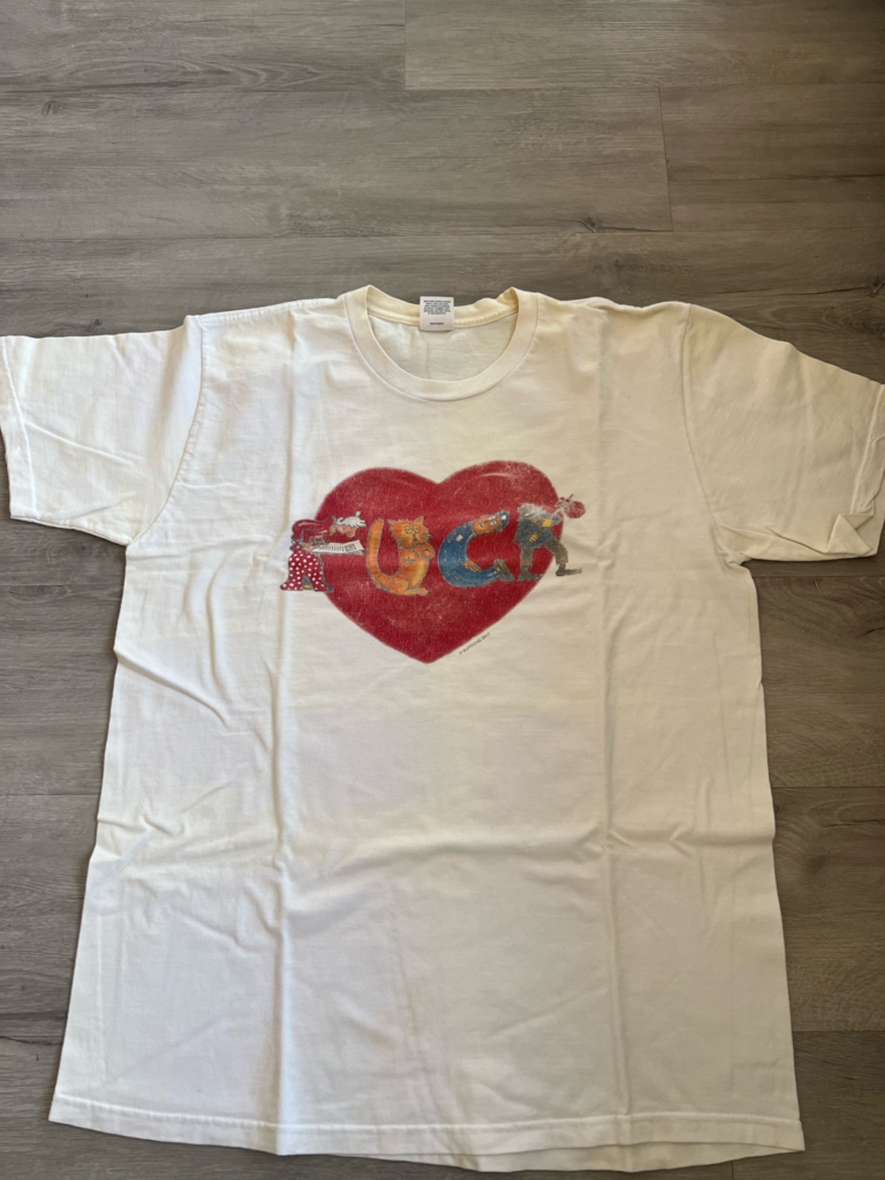 Supreme White Tee with Large Red Heart and Colorful Letter Characters